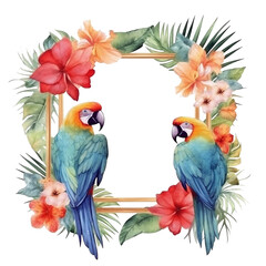 Watercolor tropical summer frame with birds, flowers and leaf. Generative AI