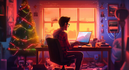 santa communication christmas holiday laptop character home house family happy. Generative AI.