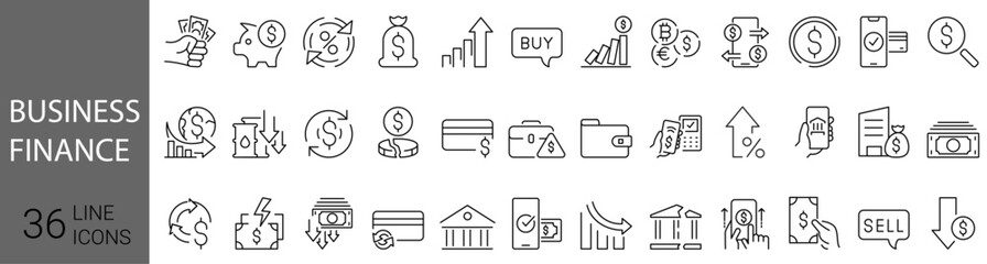 set of 36 line icons Business finance. financial analytics. Growth Leaders and Losers, Portfolio Analysis, Financial Report and more