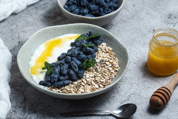 Oatmeal with yogurt and honeysuckle in a bowl
