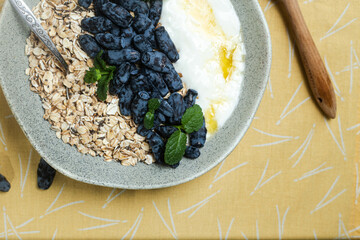 Oatmeal with yogurt and honeysuckle in a bowl