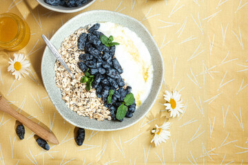 Oatmeal with yogurt and honeysuckle in a bowl
