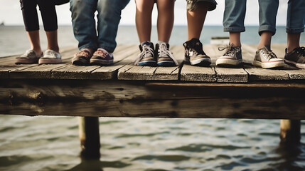Low section of children feet on pier. Generative ai.