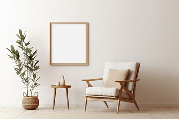 Blank picture frame mockup on gray wall. White living room design. generative AI