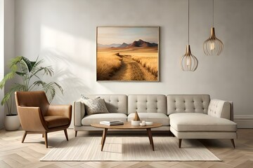 Living room interior wall mockup in warm tones with beige linen armchair, dry Pampas grass and woven rug. Boho style decor on a blank wall background. 3D rendering.