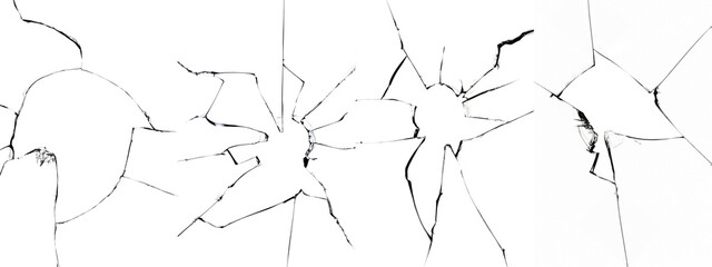 Crack effect collage of broken glass on white background. Set of 4 photos for design.