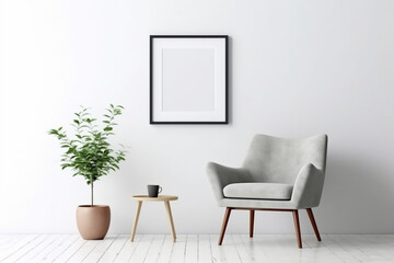 Blank picture frame mockup on gray wall. White living room design. generative AI