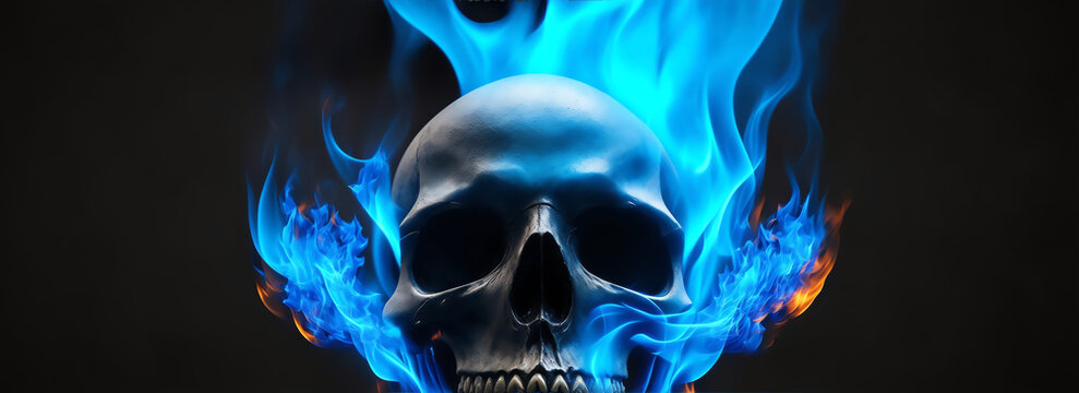 Burning skull in blue flame from Generative AI