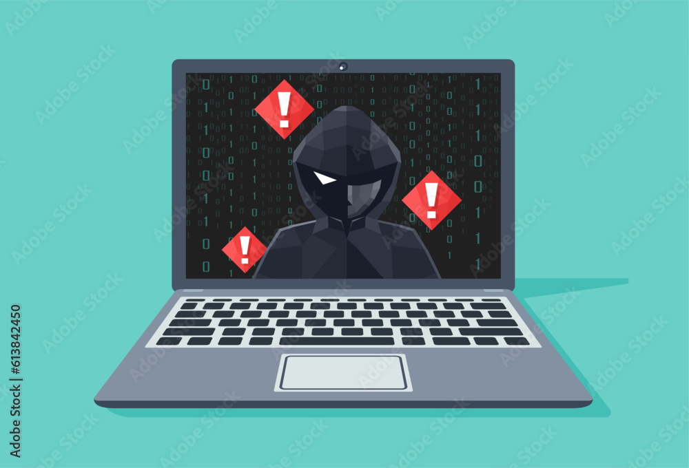 Wall mural 3D Low Polygon Thief Hacker attacks web security by laptop. fraud scam blackmail and steal user private data on devices. vector illustration flat design for cyber criminal awareness concept. - Wall murals