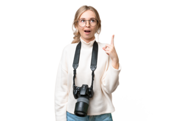 Young photographer English woman over isolated background thinking an idea pointing the finger up