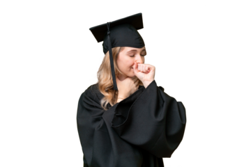 Young university English graduate woman over isolated background is suffering with cough and feeling bad