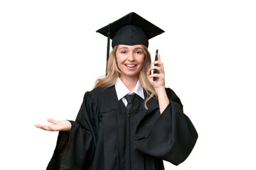 Young university English graduate woman over isolated background keeping a conversation with the mobile phone with someone