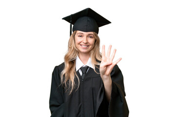 Young university English graduate woman over isolated background happy and counting four with fingers