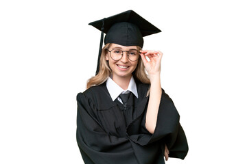 Young university English graduate woman over isolated background with glasses and happy