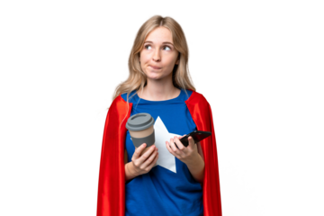 Super Hero English woman over isolated background holding coffee to take away and a mobile while thinking something