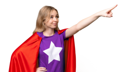 Young English woman over isolated background in superhero costume with proud gesture