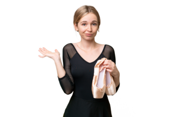 Young English woman practicing ballet over isolated background having doubts while raising hands