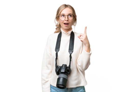 Young photographer English woman over isolated background thinking an idea pointing the finger up