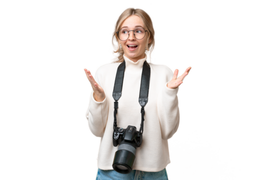 Young photographer English woman over isolated background with surprise facial expression