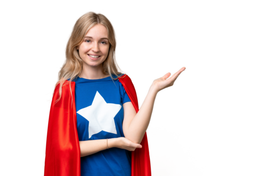 Super Hero English woman over isolated background extending hands to the side for inviting to come