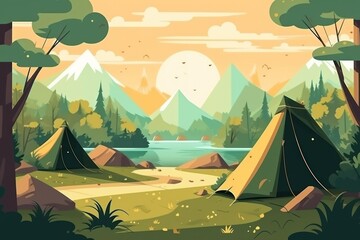 Camping by the lake in the mountains. Illustration of beautiful landscape. AI generative