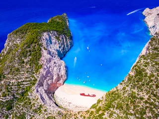 Foto op Plexiglas Navagio Beach, Zakynthos, Griekenland Zakynthos, Greece. Aerial view famous Navagio Beach, Greek Islands and Ionian Sea.