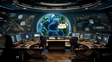 Scifi地球司令室、惑星シミュレータ、または惑星マスター戦略センター。ワイドフォーマット。ハンドエディションGenerativeAI - obrazy, fototapety, plakaty