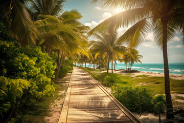 Fototapeta na wymiar neat wooden path among tall palm trees along the azure sea on a sunny summer day, beautiful landscape generative ai