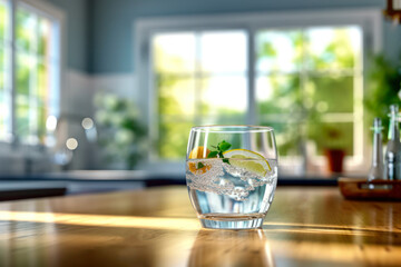 a glass with refreshing water with ice cubes and lemon slices on a wooden table in a bright modern kitchen copy space generative ai