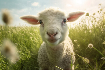 Fototapeta premium farm green animal lamb sheep sun meadow wool field grass. Generative AI.