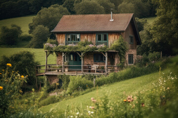 Fototapeta na wymiar cozy house on a green hilly area among greenery and flowers, a quiet, calm, relaxing place generative ai