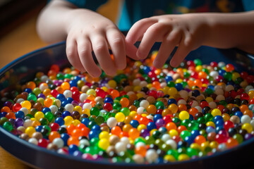 close-up of the hands of a child playing with multi-colored sensory balls for the development of fine motor skills, toys for children with autism generative ai