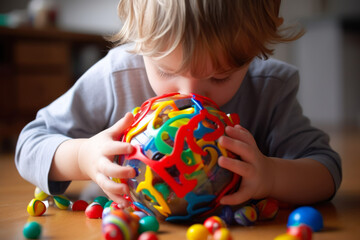 close-up of the hands of a child playing with multi-colored sensory balls for the development of fine motor skills, toys for children with autism generative ai - obrazy, fototapety, plakaty