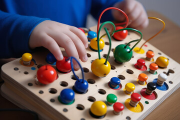 close-up of the hands of a child playing with multi-colored sensory balls for the development of fine motor skills, toys for children with autism generative ai