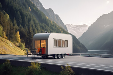 beautiful modern mobile home on an empty road against the backdrop of a beautiful mountain landscape generative ai