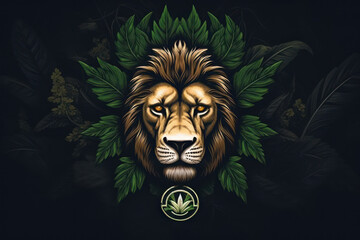 Obraz premium logo head of a lion in cannabis leaves on a dark background, marijuana animal medicine generative ai