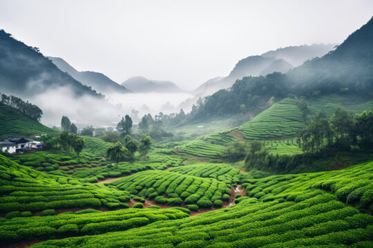 view of green tea plantations in the hills, beautiful view generative ai