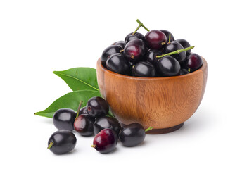Jambolan plum in wooden bowl isolate on white background.