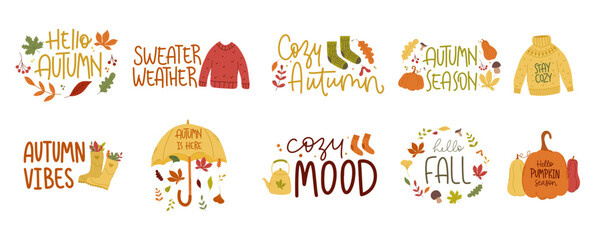 Autumn set of vector hand-drawn inscriptions. A set of handwritten stickers for the slogans of the autumn season. Fall phrases with cute and cozy design elements. Collection of fall phrases, isolated  - obrazy, fototapety, plakaty