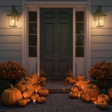 Entrance front doors with pumpkins. Generative AI. Can be used for marketing materials, seasonal greetings, or home decor designs.