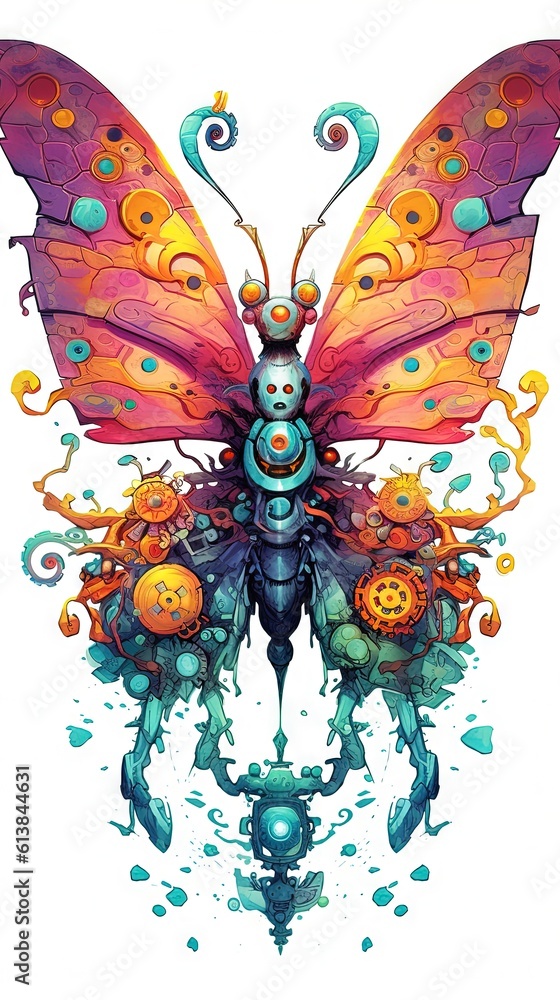 Poster a colorful insect with many different colors and patterns on it's wings. generative ai
