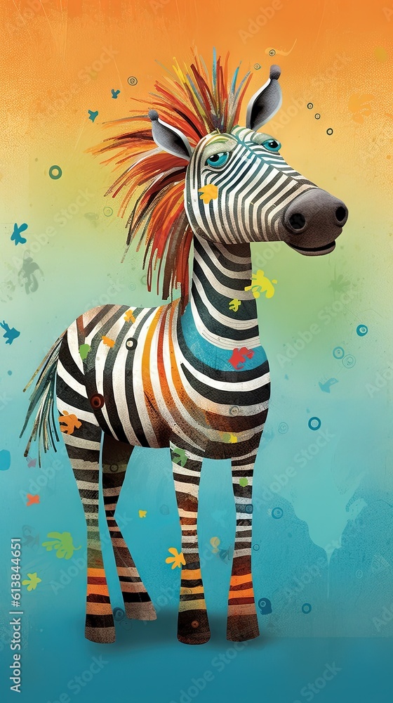 Poster a colorful zebra standing on a blue surface with butterflies around it. generative ai