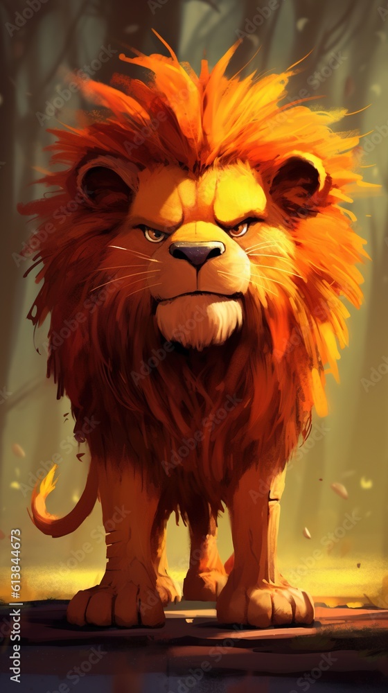 Poster a lion standing in the middle of a forest filled with trees. generative ai