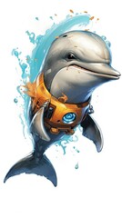  a dolphin with a helmet on its back swimming in the water.  generative ai