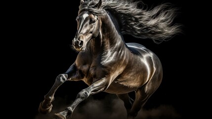 Obraz na płótnie Canvas a horse is galloping in the dark with its hair blowing in the wind. generative ai