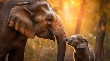 Naklejka na ściany i meble a baby elephant standing next to an adult elephant in a forest. generative ai