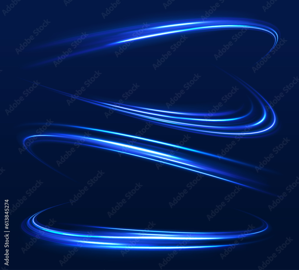Poster light line neon swirl effect. vector glitter light fire flare trace. bokeh blue light glitter round 