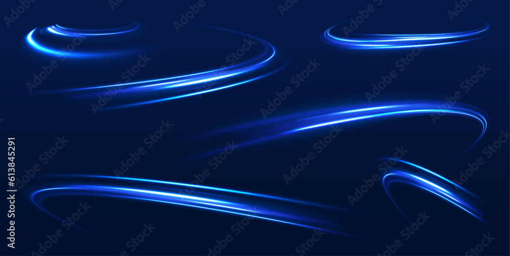 Poster light line neon swirl effect. vector glitter light fire flare trace. bokeh blue light glitter round 