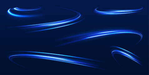 Light line neon swirl effect. Vector glitter light fire flare trace. Bokeh blue light glitter round wave line with sparkling particles. Abstract neon color glowing lines background.