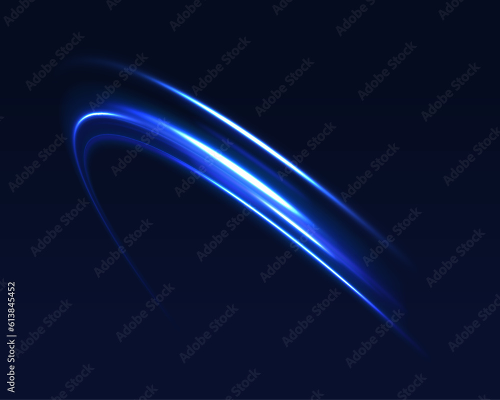 Poster light line neon swirl effect. vector glitter light fire flare trace. bokeh blue light glitter round 